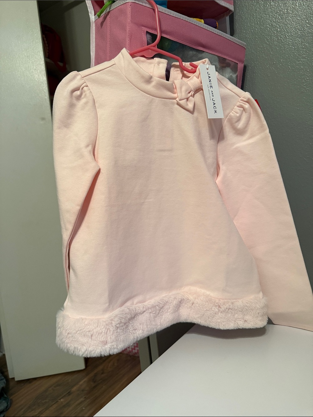 Janie and Jack Pale Pink Long Sleeve Top with Faux Fur Hem